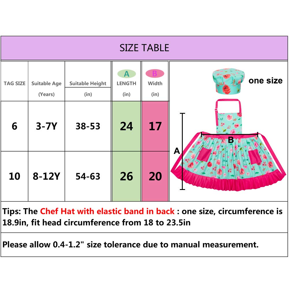 MHJY Kids Apron Hat Set for Girls Vintage Pleated Skirt Aprons with Adjustable Strap Pockets for Baking Cooking 8-12 Years