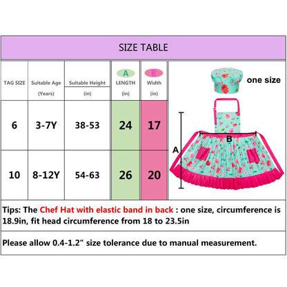 MHJY Kids Apron Hat Set for Girls Vintage Pleated Skirt Aprons with Adjustable Strap Pockets for Baking Cooking 8-12 Years