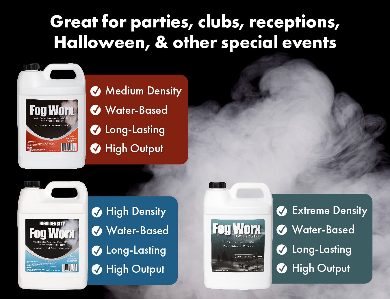 FogWorx Fog Juice - 1 Gallon of Organic Fog Fluid (128 oz) - Medium Density, High Output, Long Lasting Fog Machine Fluid for 400 Watt to 1500 Watt Machines