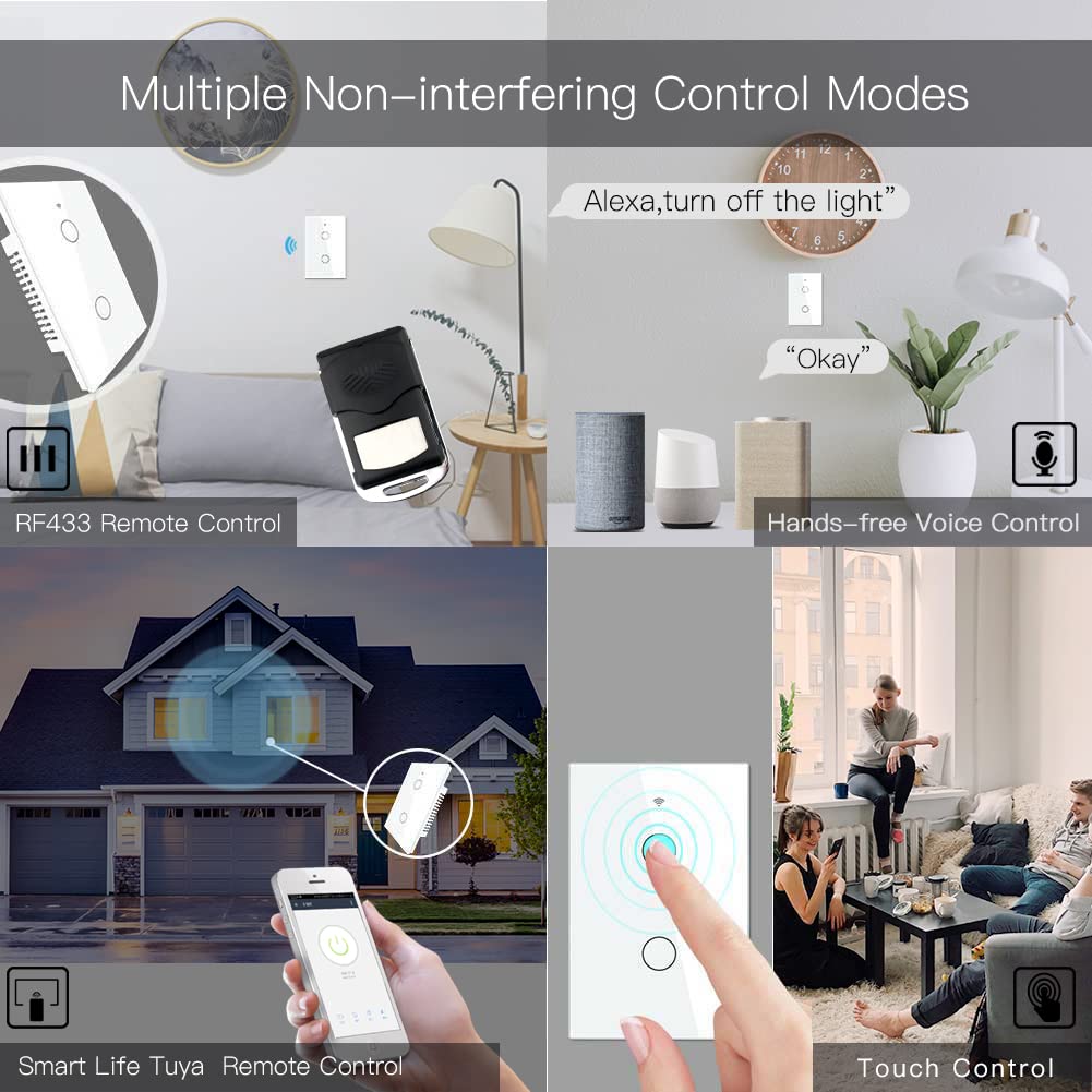 MOES Touch Wall Single Live Wire Smart Switch，No Neutral Wire Needed, 2.4GHz WiFi RF433 Light Switch Works with Smart Life/Tuya App, Alexa and Google Home, Single Pole 110V, White 1 Gang
