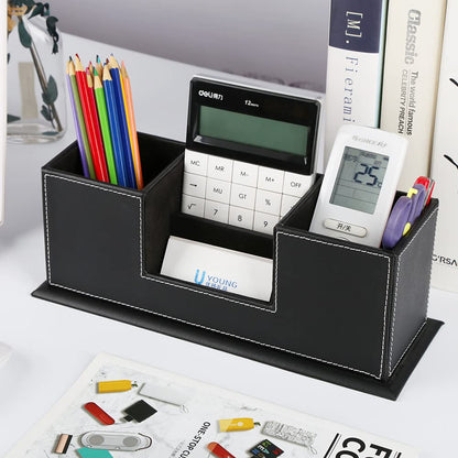 KINGFOM Office Supplies Desk Organizer PU Leather Storage Box 4 Divided Compartments for Pen Business Card Remote Control Mobile Phone Cosmetics Collection Holder (Black)