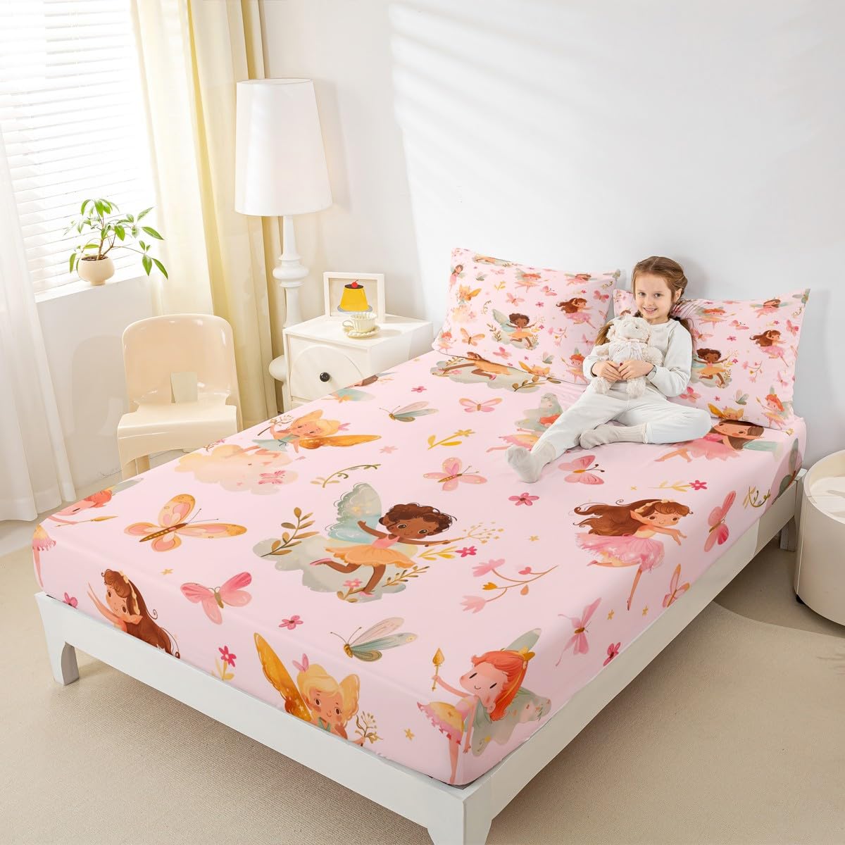 Erosebridal Pink Fairy Twin Fitted Sheet - Butterfly Floral Cute Bedding Set for Girls Kids, Fairies Garden Flowers Bottom Sheets Only | Aesthetic Flower Princess Bed Set 2 Piece Bedroom Decor