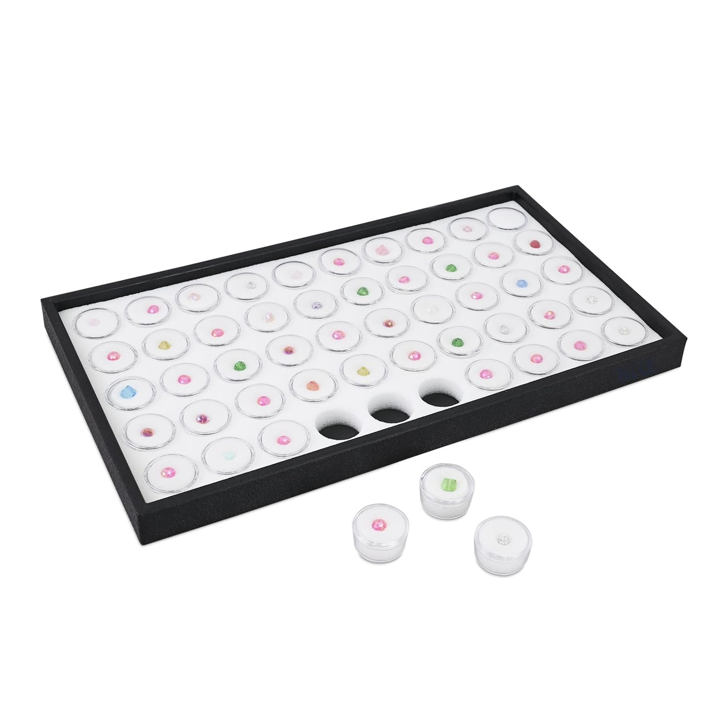 Ikee Design White Foam Gem Jars Showcase Stackable Display Tray for Collectibles, Home Organization Storage Box with 50 Gemstones and Bead Storage Jars, White Foam/Black Tray