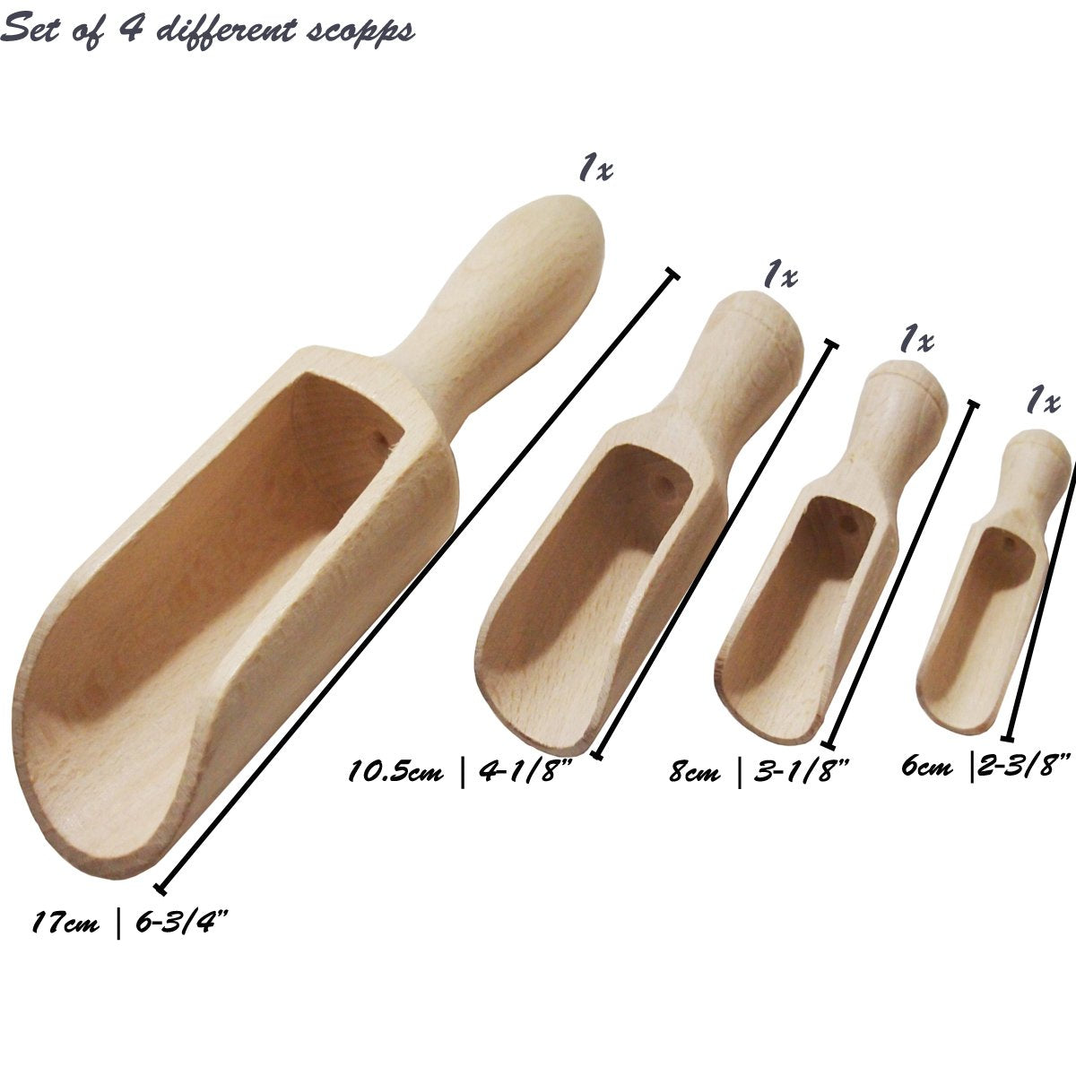 efo Versatile Wooden Scoops Set 4pcs - Multipurpose Wooden Spoons - Wood Salt and Spice Scoops – Rustic Bath Salt Scoop - Wooden Nuts Scoop - sizes: 2.4"; 3.3"; 3.9"; 6.7" / 6; 8.5; 10; 17cm