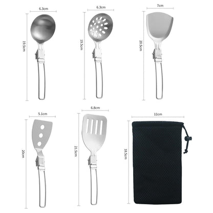 Esquirla 6Pcs Camp Cooking Utensil Set,Outdoor Kitchen Gear, Foldable Cooking Organizer Metal Camping Kitchen Utensil Set, Cookware Kit for Camp RV, BBQ
