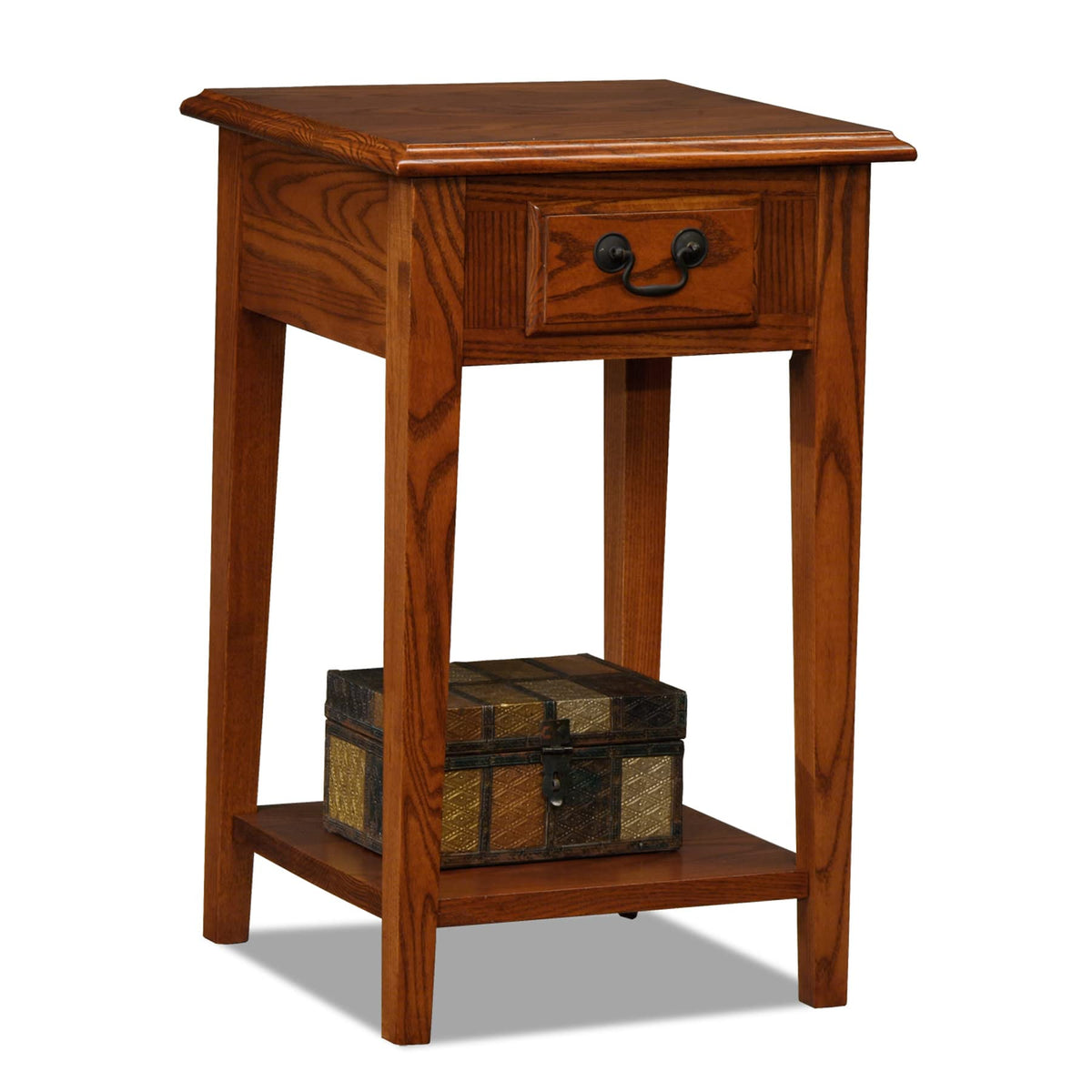 Haven Ridge Solid Wood Square Side Table with Drawer and Shelf, Medium Oak Brown, Perfect for Living Rooms, Bedrooms, and Small Spaces – Leick Home, 9041-MED