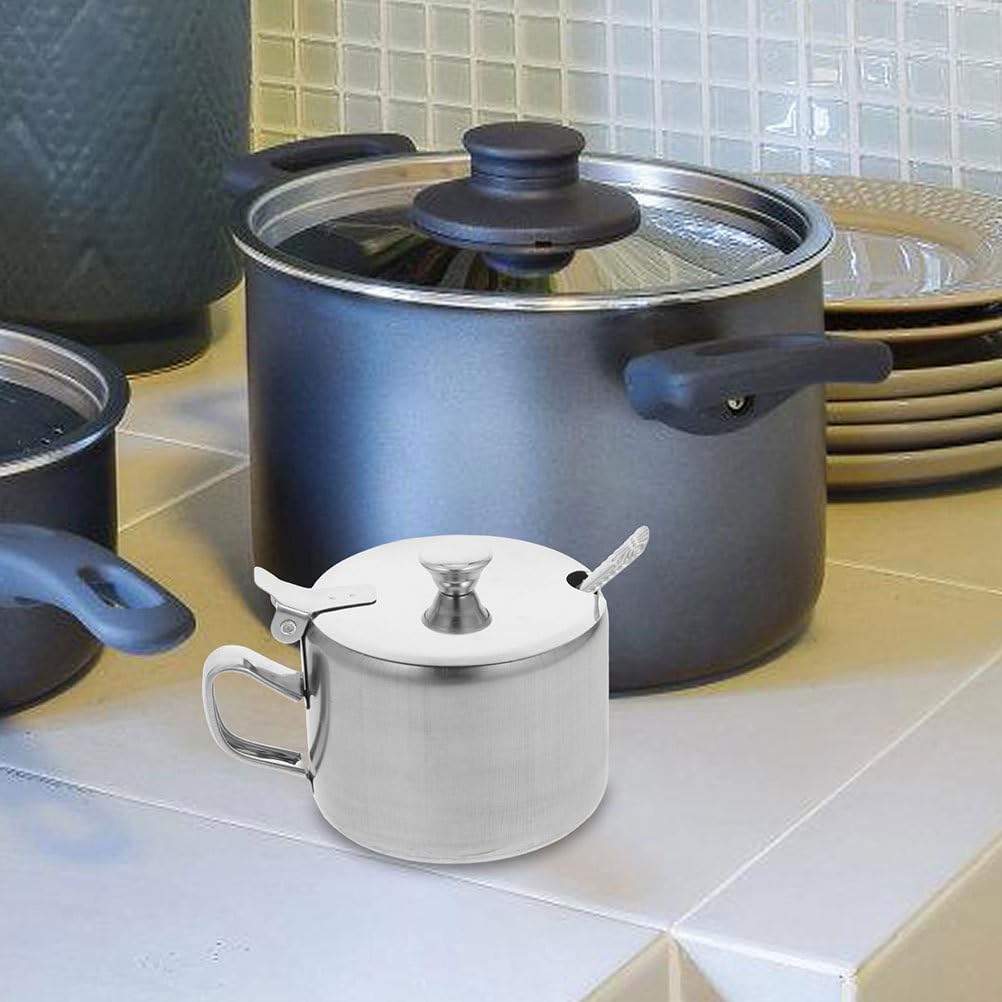 CATIEBYE Stainless Steel Sugar Bowls Set of 3 with Lids and Spoons Multi-Purpose Condiment Containers for Kitchen Countertop Storage Sugar Salt Pepper Spice Bowls 3.54X2.75X2.55 Inch