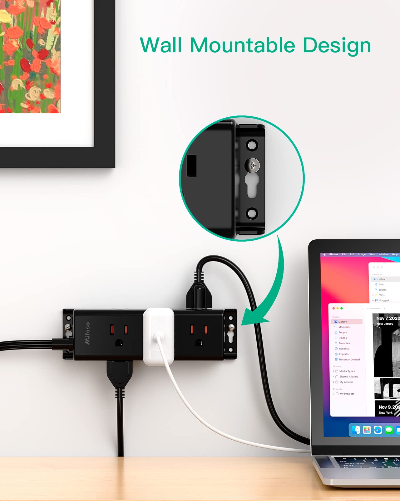 Surge Protector Power Strip - 9 Widely Spaced Multi Outlets, Wall Mount, 3 Side Outlet Extender with Extension Cord, Flat Plug, Overload Protection, Home Office Dorm Room Essentials (5FT, White)