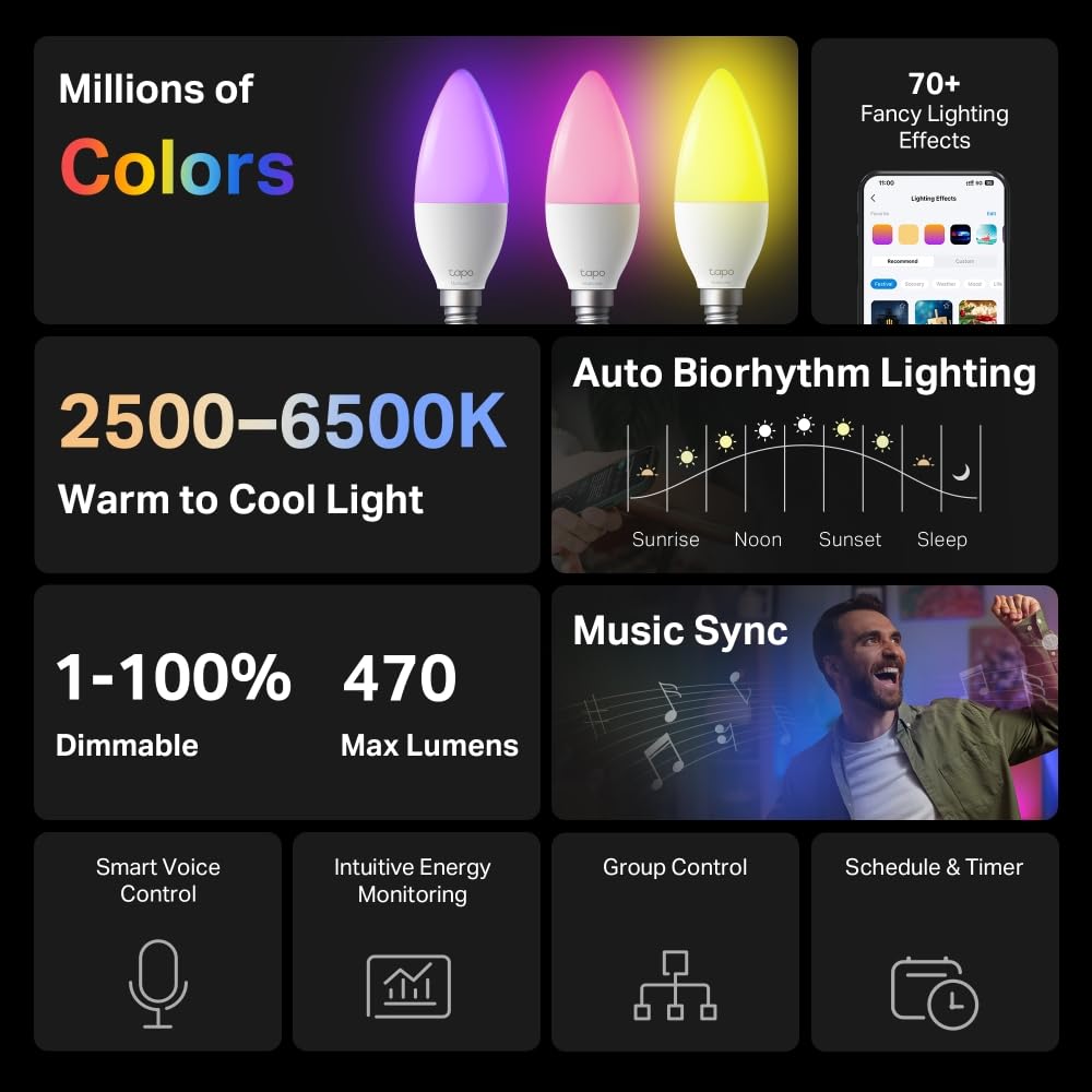 Tapo L430C(4-Pack) Smart Bulb, Alexa Light Bulbs, E14, LED Light Bulb, 470 Max Lumens, Dimmable, Colour Changing Light Bulb, Auto Biorhythm,Music Sync,Voice/APP Control,Schedule & Timer