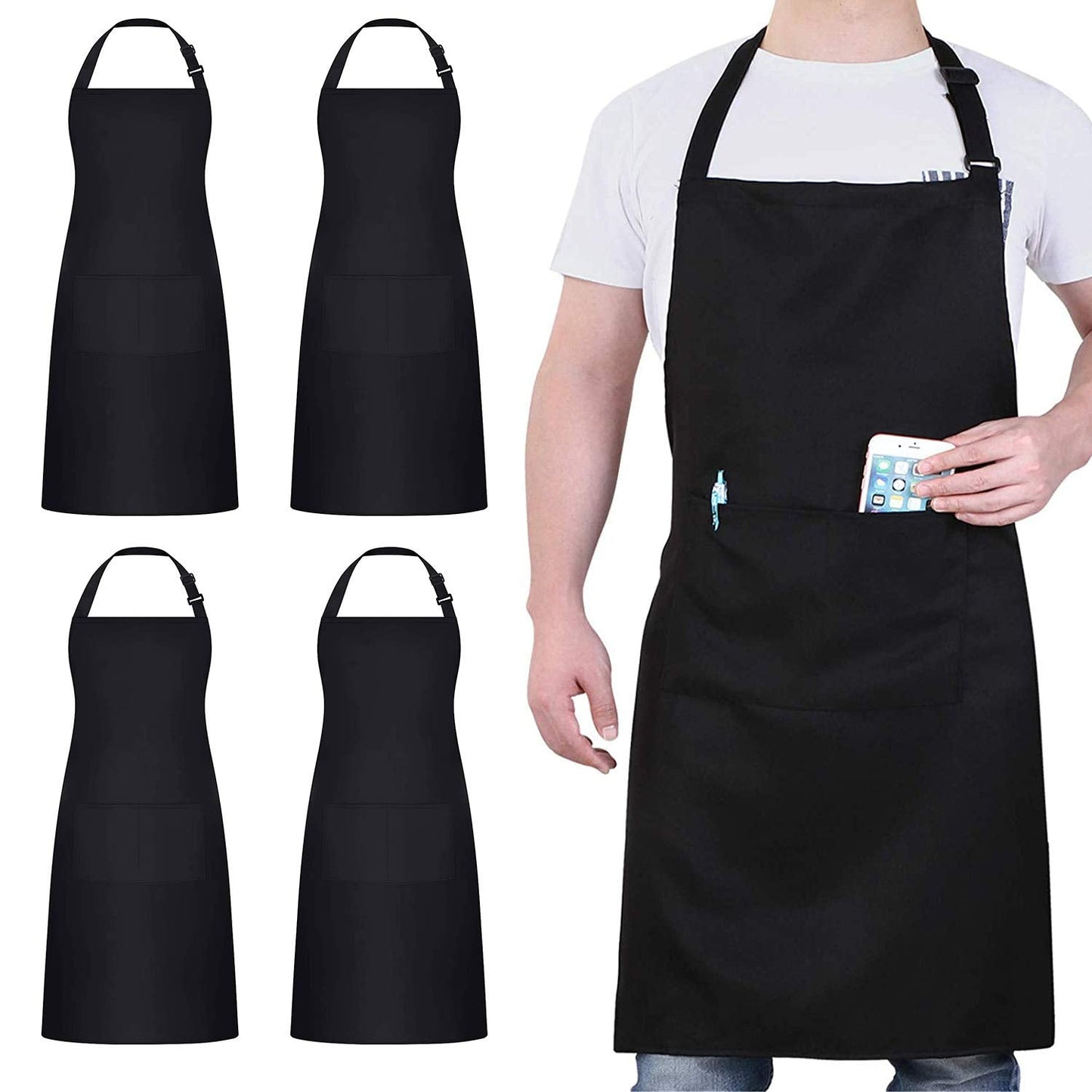 4 Packs Chef Apron, Waterproof Catering Apron with 2 Pockets, Adjustable Work Aprons Perfect for Kitchen Cooking Painting Gardening Cleaning Restaurant BBQ, Personalised Aprons (Black)