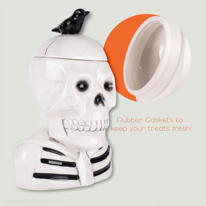 100 North Dolomite Ceramic 12 x 8.5 Halloween Cookie & Candy Jar with Airtight Lid: Perfect for Kitchen Canisters, Pet Treat Containers & Fall Decorative Candy Dish, Skeleton with a Crow