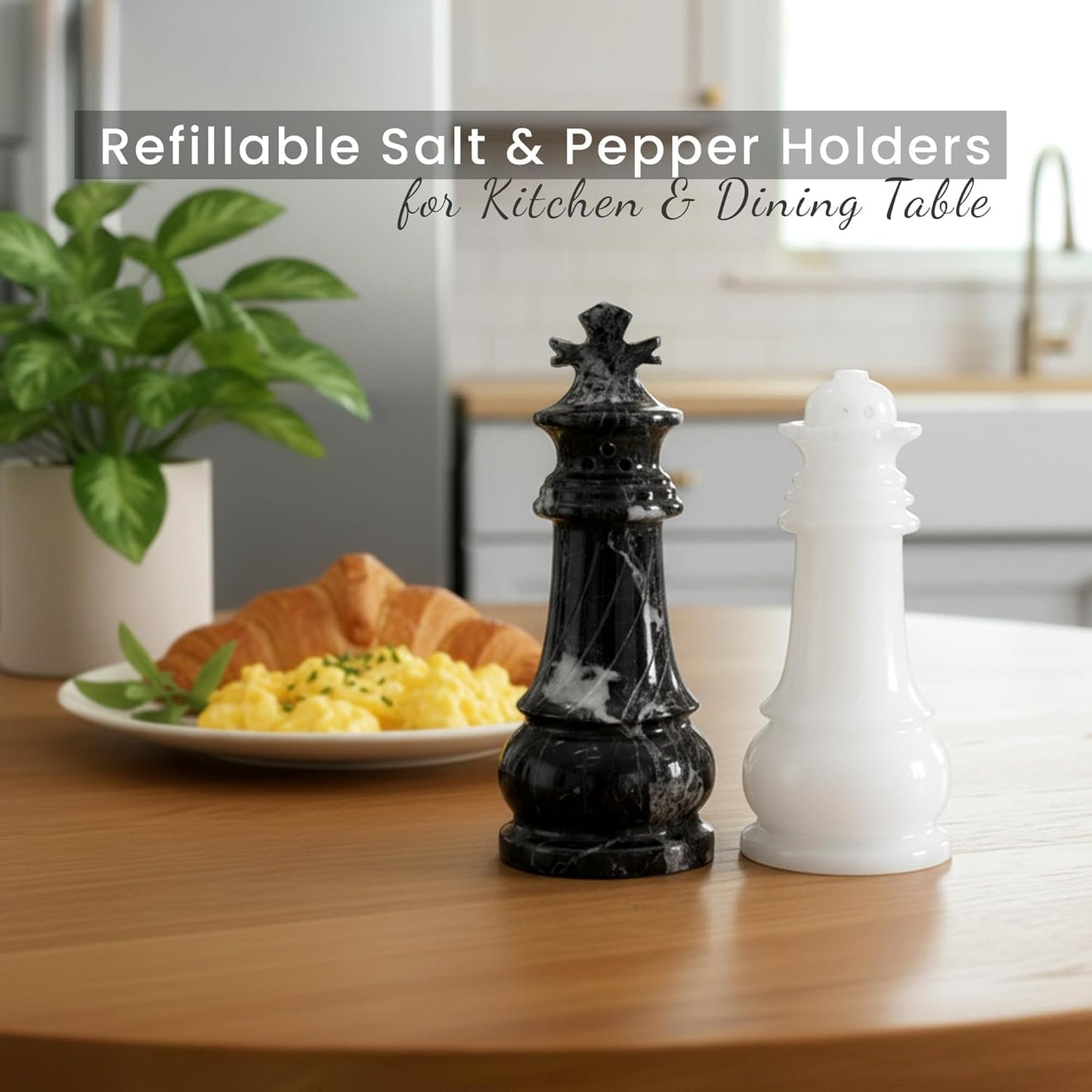 EarthenTones Marble Salt and Pepper Shaker Set, Zebra Black and White Handmade Natural Stone Spice Shakers, Kosher Salt Container, Countertop Kitchen Storage Accessory, Housewarming Gift
