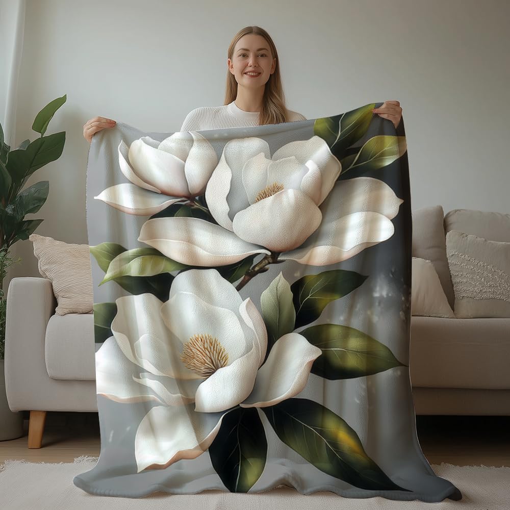 HUNXIAOJ Magnolia Blanket Flower Print Blanket Magnolia Floral Decor Warm Soft Flannel for Teens Adults Bed Sofa Couch (49in x 59in)