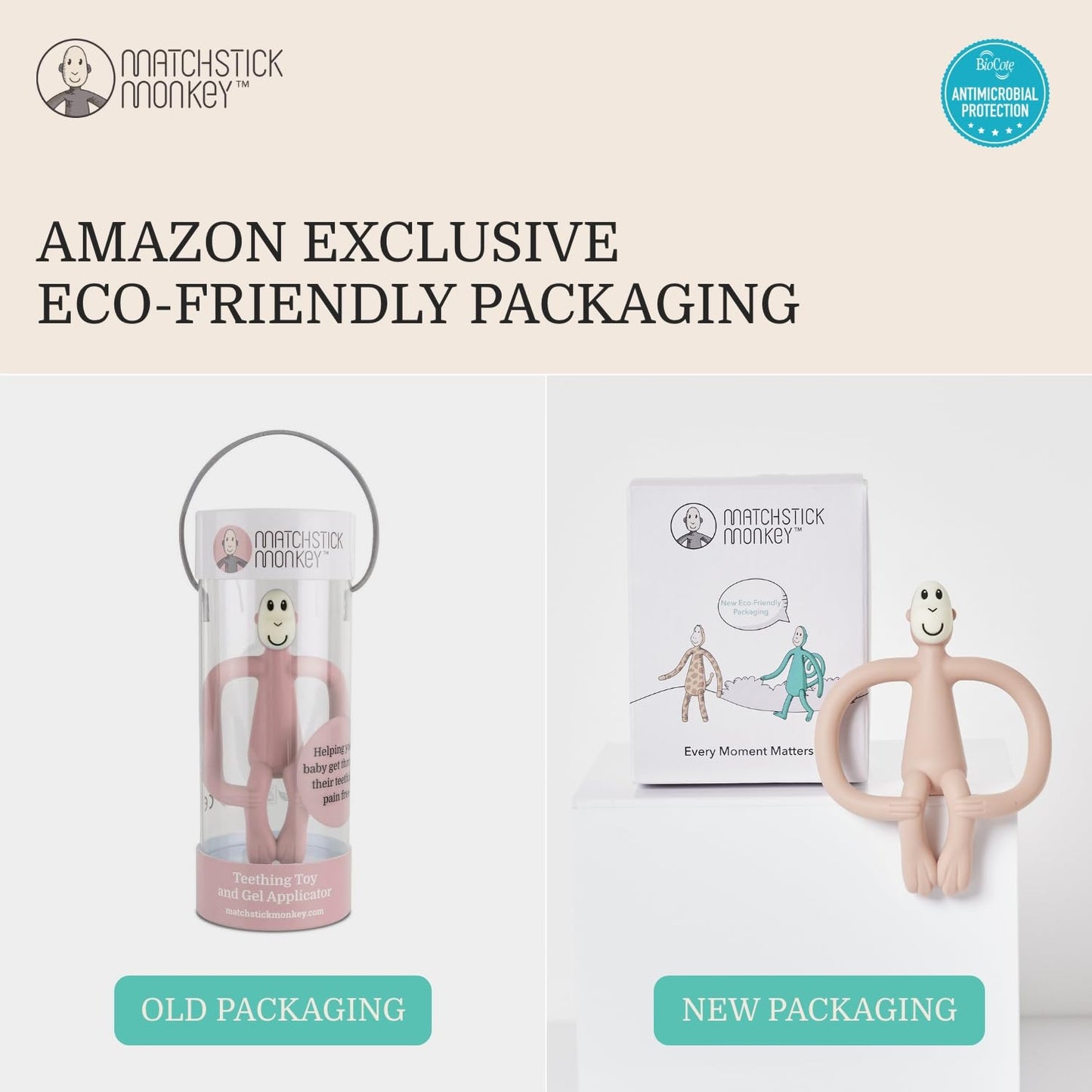 Matchstick Monkey, Original Teether & Gel Applicator, Antimicrobial Silicone Teething Toys for Baby, Easy to Grip, BPA Free, 3 Months Old+, 10.5 cm, Dusty Pink Monkey