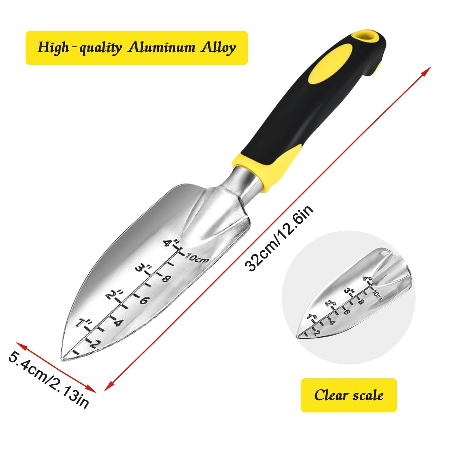 Garden Tool Set 3 Piece Aluminum Gardening Tools Kit with Rake,Shovel&Graduated shovel .Garden Trowel & Hand Wide Shovel Pointed with Soft Rubberized Non-Slip Ergonomic Handle for Planting(Yellow)