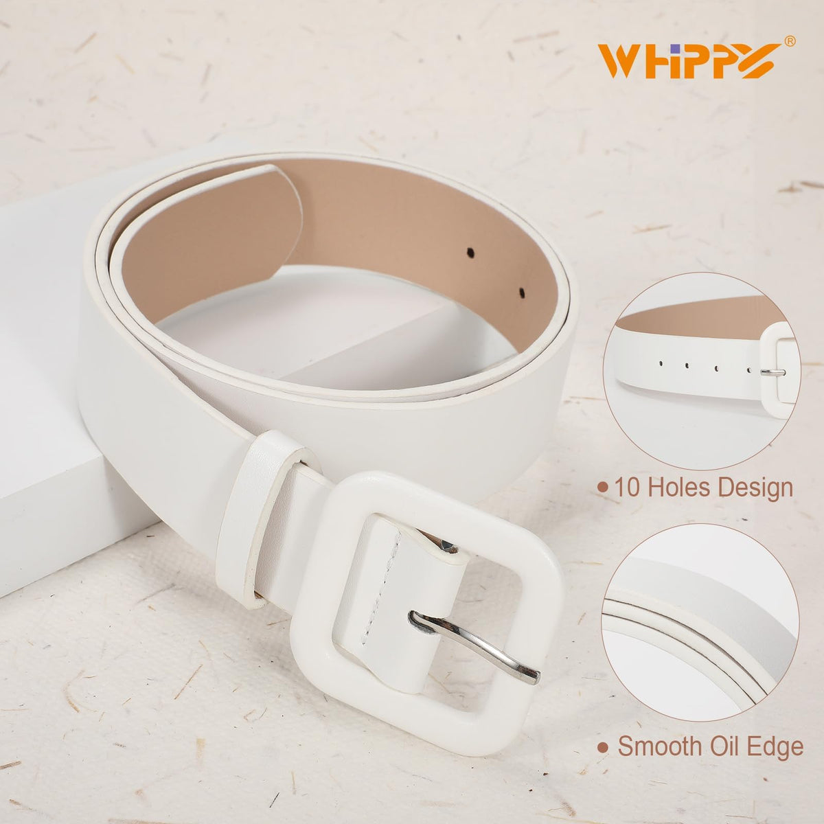 WHIPPY Women Leather Belt Candy Color Fashion Square Buckle Belt Ladies Belt for Jeans Pants Dresses, White, S