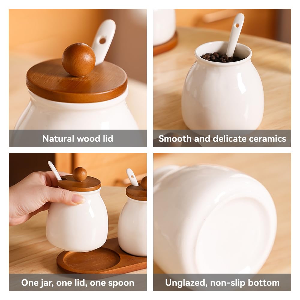 ANQIA Porcelain Condiment Jar Set Spice Jars with Wooden Lids and Tray Ceramic Spice Container with Spoons for Sugar, Salt,Tea, Spices, Coffee (Set of 2)