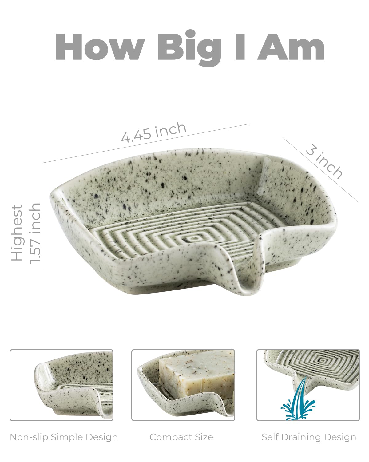 Self Draining Soap Dish, Ceramic Drain Soap Holder Waterfall Design Soap Saver for Shower, Bathroom, Sink, Kitchen and Countertop, Keeps Dry, Speckled Glaze