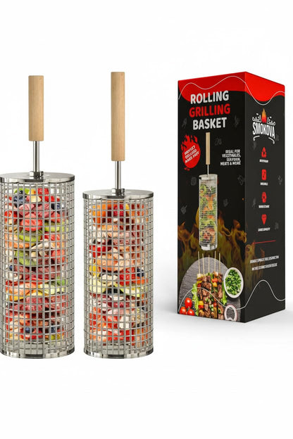 Smokova Rolling Grill Basket for Veggies (2 PCS) | 304 Stainless Steel Grill Baskets for Outdoor Grill with Removable Wooden Handle | BBQ Baskets for Grilling | Vegetable Grill Basket