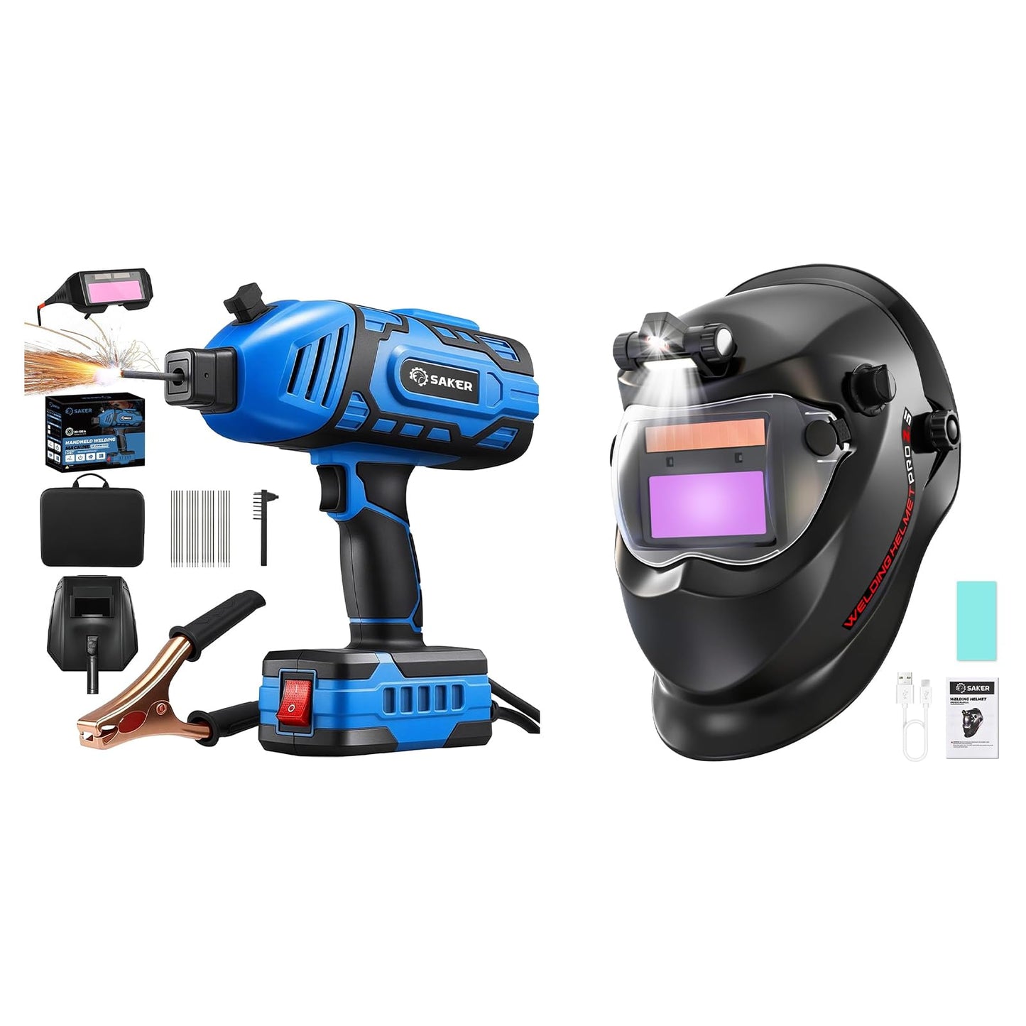 Saker Portable Welding Machine（Blue）- Saker Auto Darkening Welding Helmet with LED Light