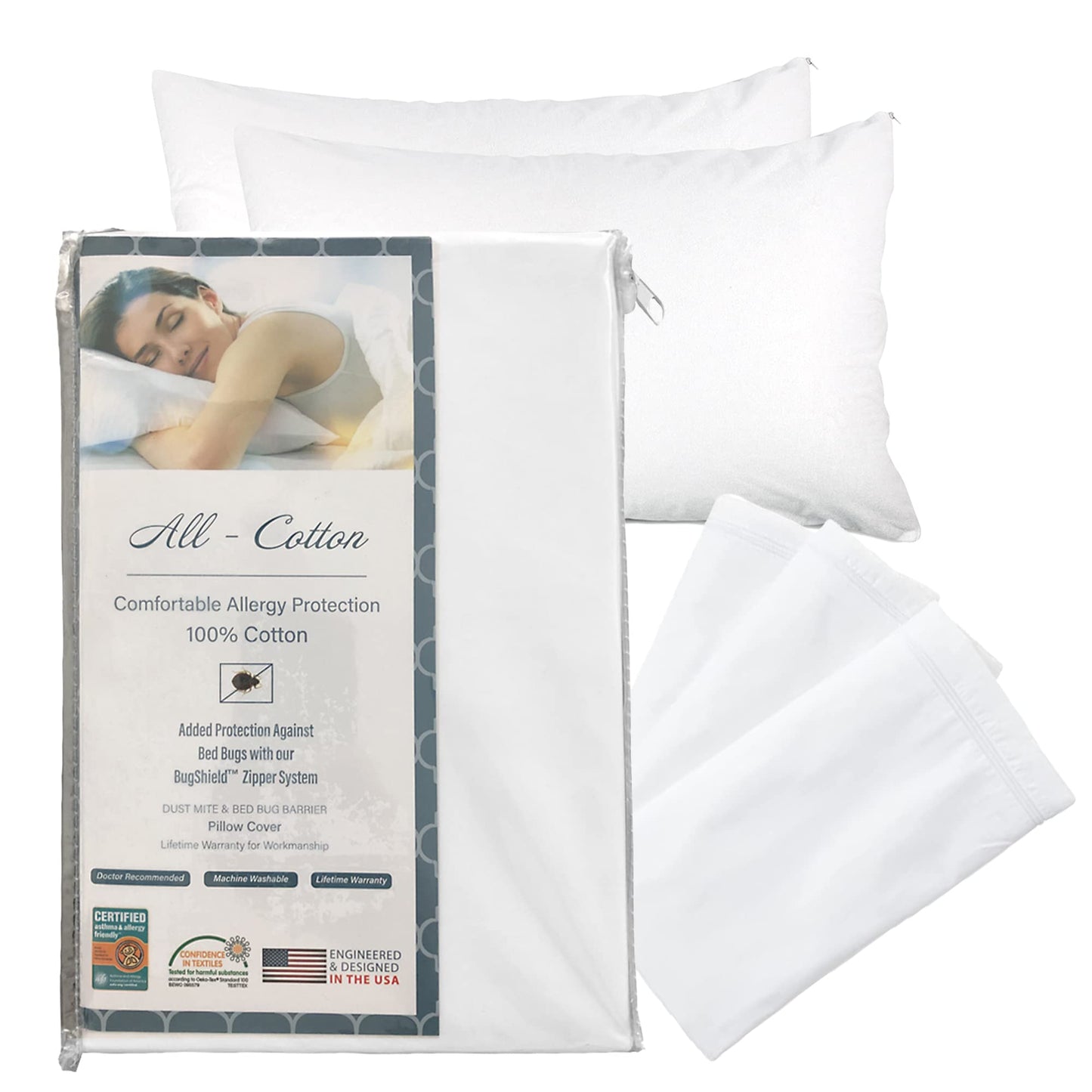 National Allergy Bedding Set Bundle - 100% Cotton Hypoallergenic Pillow Protectors (King Size - 2 Pack) & Mattress Encasement (King Size, 12-Inch Deep)