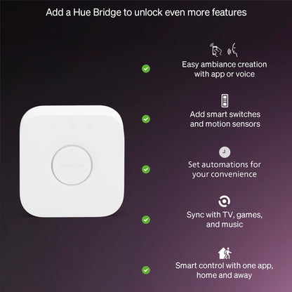 Philips Hue Essential Smart LED A19 Bulb, White and Color Ambiance, E26 Base, 8.8W, 2200K-6500K, 800 Lumens, Dimmable, Works with Alexa, Google, and Apple Home, 4-Pack