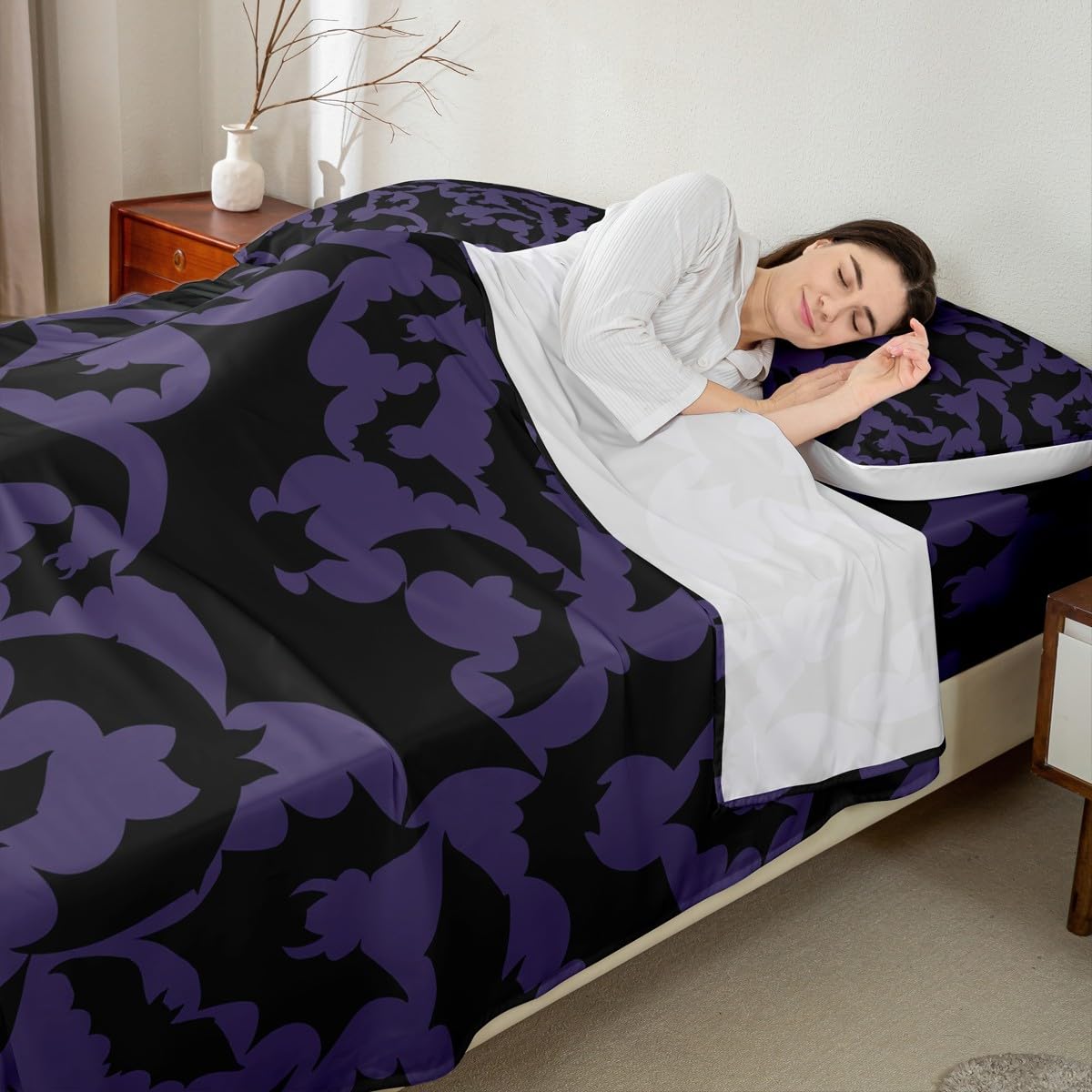 Castle Fairy Halloween Themed Bed Sheet Set King Size,Black Bats Animal Print Fitted Sheet + 1 Flat + 1 Pillowcase,Dark Purple Color Polyester Bed Mattress Cover, Gift for Man Couple