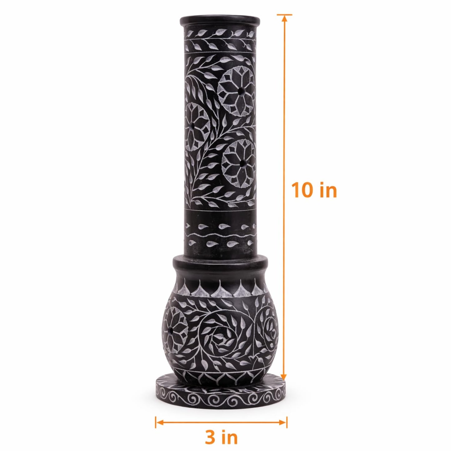 KC KULLICRAFT Hand Carved Marble Soapstone Incense Stick Holder – Black Incense Burner with Ash Catcher Base, Tea Light & Camphor Holder, Decorative Home & Puja Decor (3 x 3 x 10 Inch).
