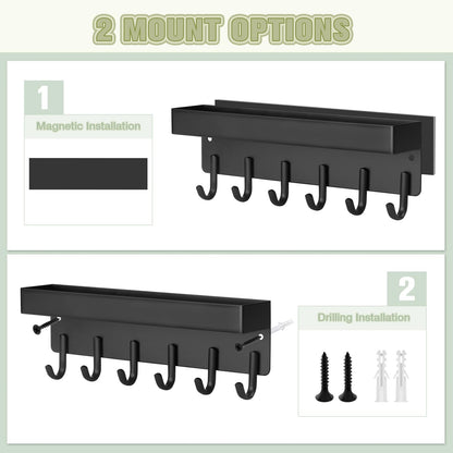 VIS'V Magnetic Key Holder Wall Mount, Compact Metal Key Rack with Tray, 6 Hooks, 2 Mount Options, Black