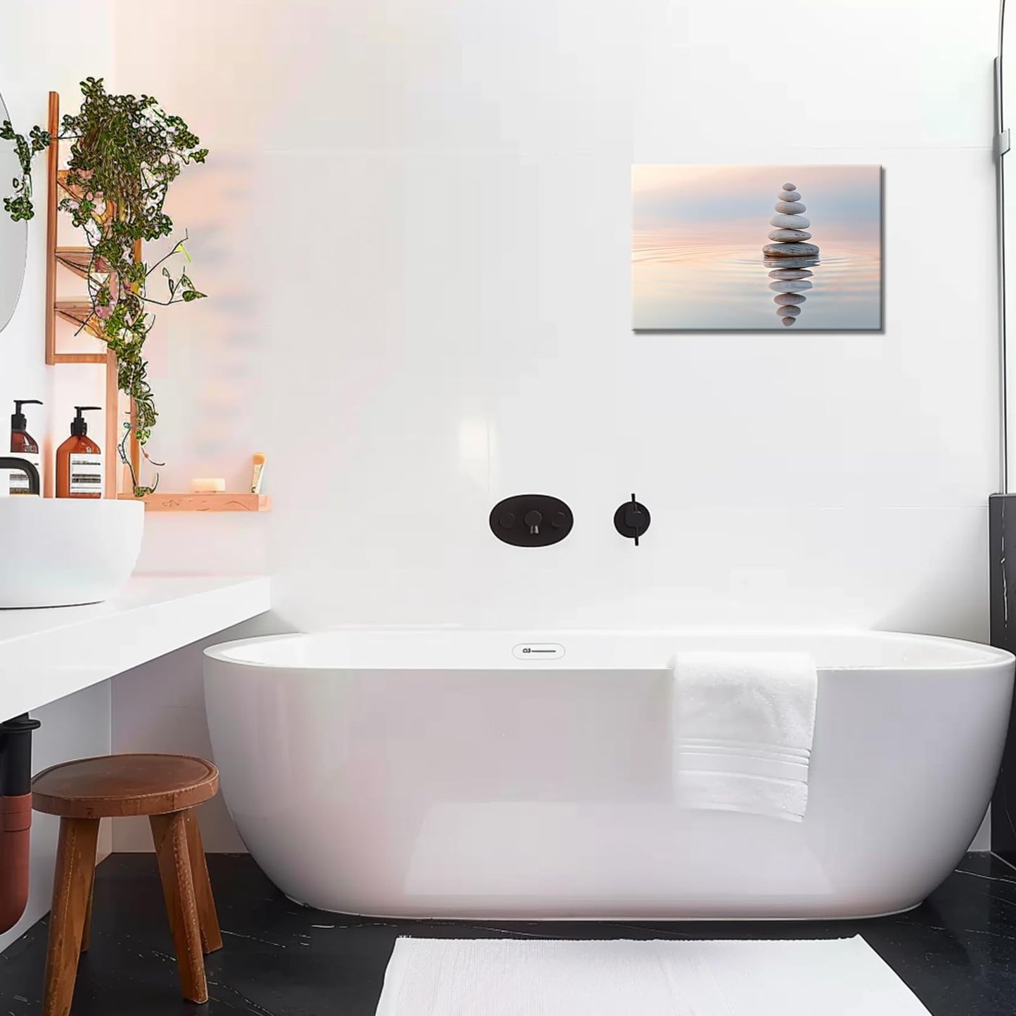 Zen Stone Canvas Wall Art Stones in Water Print Pictures Bathroom Wall Art Decor Framed Tranquil Nature-Inspired Relaxing Artwork for Yoga Meditation Spa Room Decor