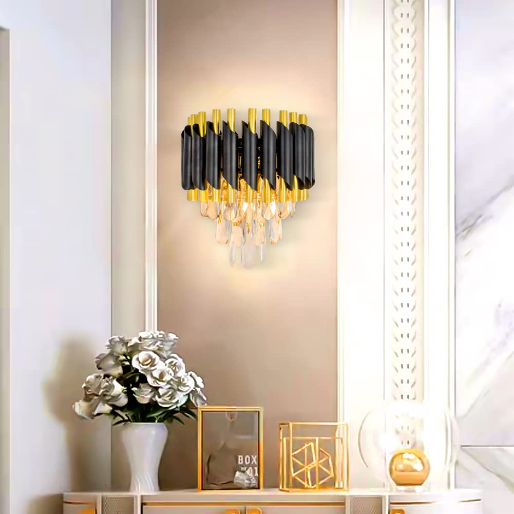 FRIXCHUR Modern Crystal Wall Sconce Lighting Black Crystal Wall Light Fixture Bedside Light 3 Tiers Crystal Wall Lamp for Bedroom Bathroom Dinning Living Room Hallway 2X E12 Base
