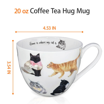 MFoffice Cute Cat Mugs for Daily Coffee and Tea, Premium 20 oz Bone China Coffee Tea Hug Mug, Perfect Holiday, Birthday, and Christmas Gift for Cat Lovers, Designed in England by Harvest Green Studio