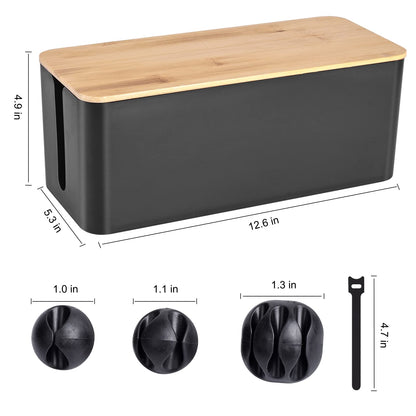 Cable Management Box - Wooden Style Cord Organizer Box to Hide Wires & Power Strips | Desk Computer Cable Organizer Box | Safe ABS Material | 12.6" (L) x 5.3" (W) 4.9" (H) | for Home & Office - Black