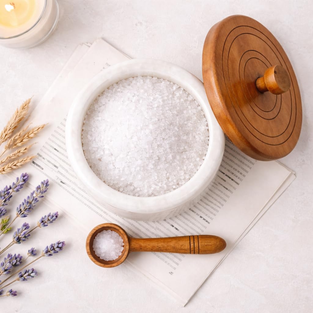 Marble salt cellar with lid and spoon, salt container with spoon, salt bowl with acacia wood lid, salt holder for countertop, salt jar - White