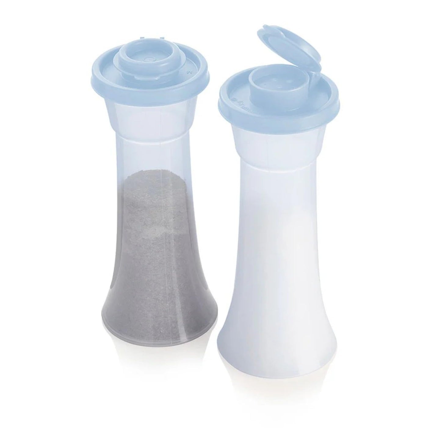Tupperware Large Hourglass Salt and Pepper Shaker Set Sheer Ice Blue Containers with Ice Blue Seals