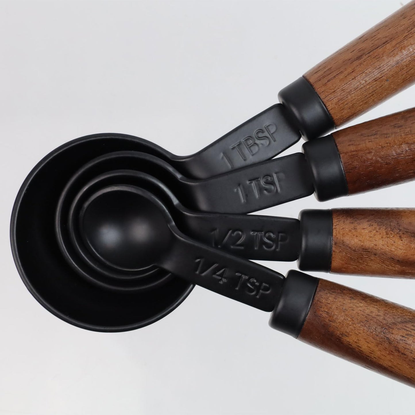 Mewutal Set of 4 Measuring Spoons Black Measuring Scoops with Wooden Handle Stainless Steel Measuring Spoons Set for Kitchen Flour Spice Seasoning Measurement (15ml+5ml+2.5ml+1.25ml)