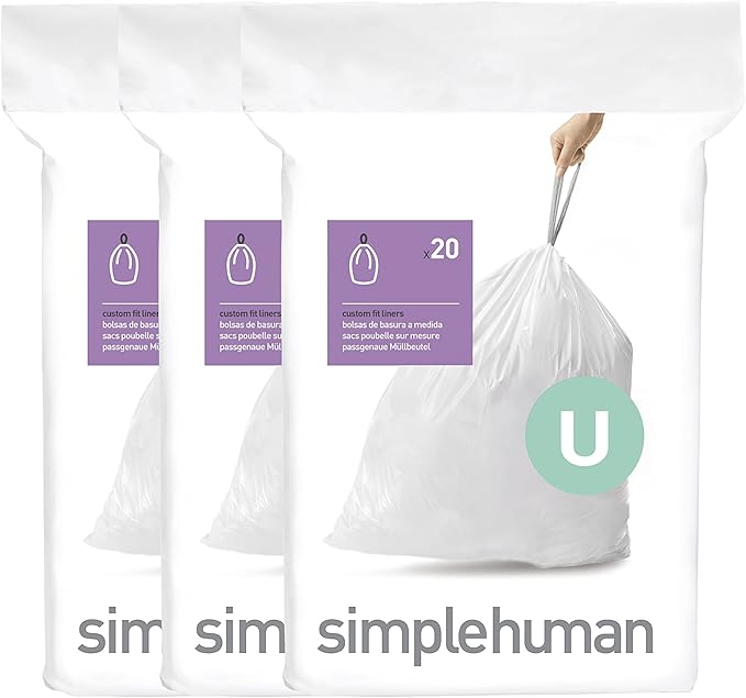 simplehuman Code U 60 Count, Dispenser Pack Custom Fit Liners, Drawstring Trash