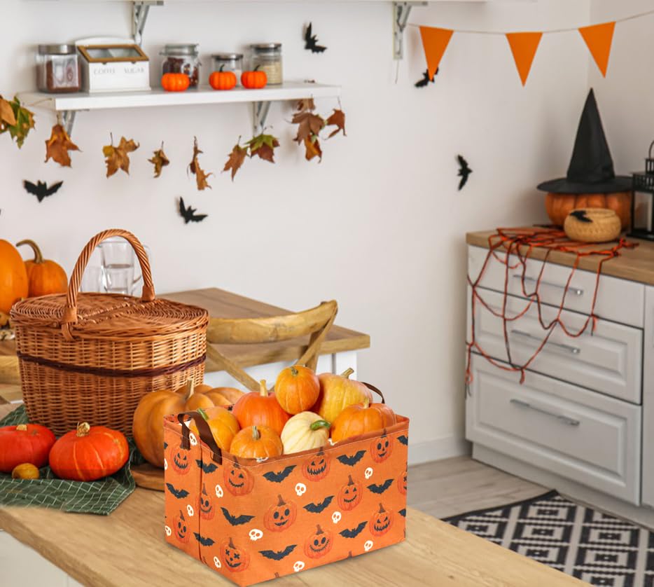 Sanjiaofen Rectangular Halloween Baskets,Pumpkin Basket for Kids with Handles. Candy Basket,Books Bins. (Halloween Pumpkin)