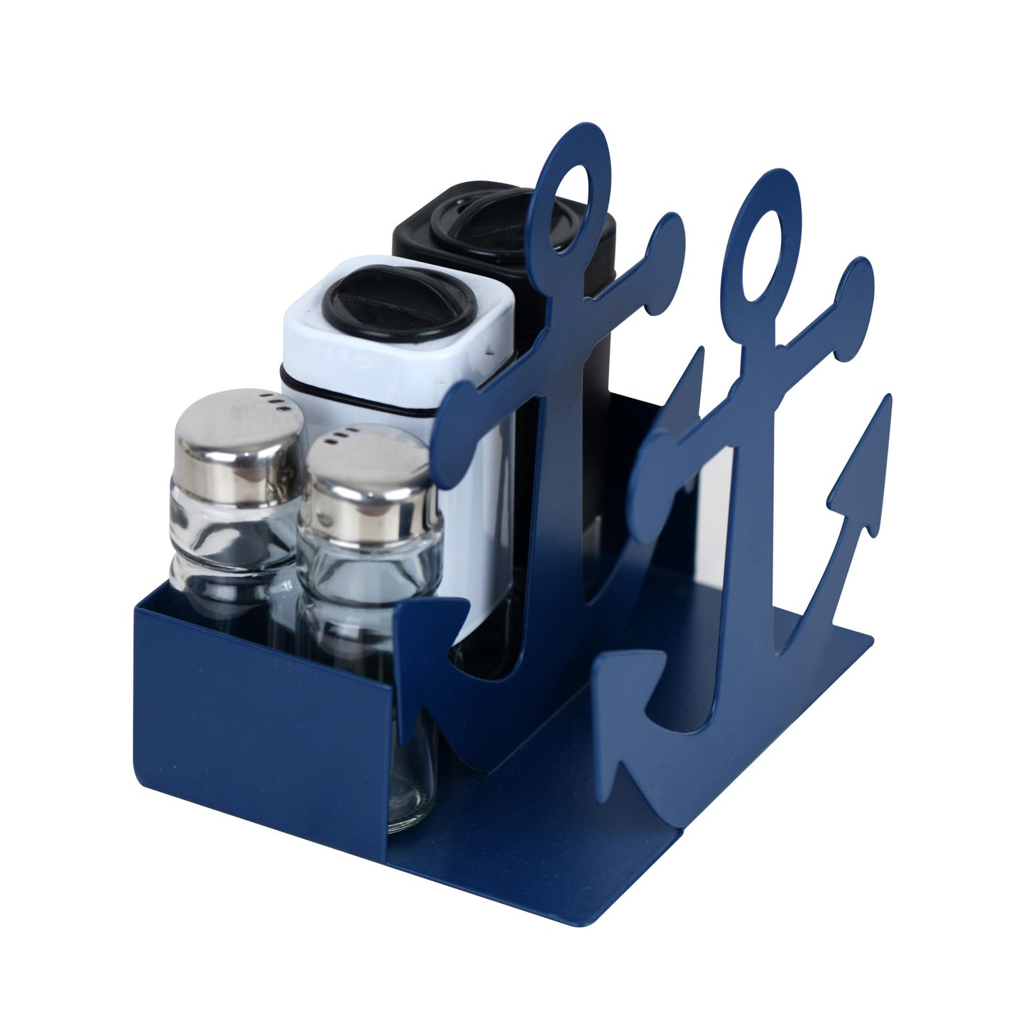 Nautical Anchor Metal Napkin Holder (Blue) - Freestanding Paper Towel Organizer with Salt & Pepper Shaker Storage Caddy, Rustic Farmhouse Table Decor for Kitchen or Dining