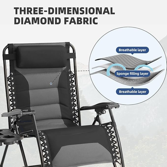 Zero Gravity Chair Oversized Padded Recliner with Adjustable Headrest & Cup Holder - XL 600D Oxford Folding Lounge Chair for Outdoor Camping, Patio, Poolside (Black & Gray)