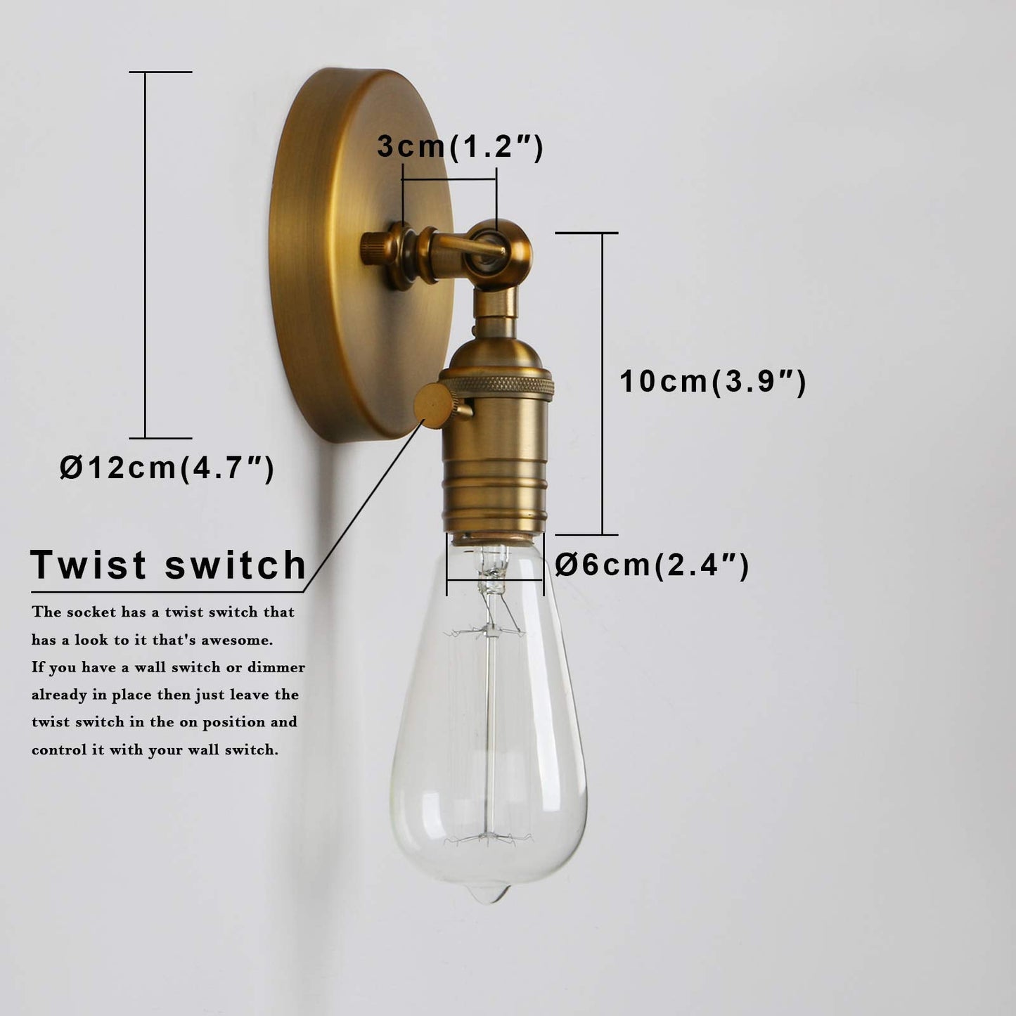 PERMO Minimalist Single Socket 1- Light Wall Sconce Lighting with On/Off Switch (Anqitue)