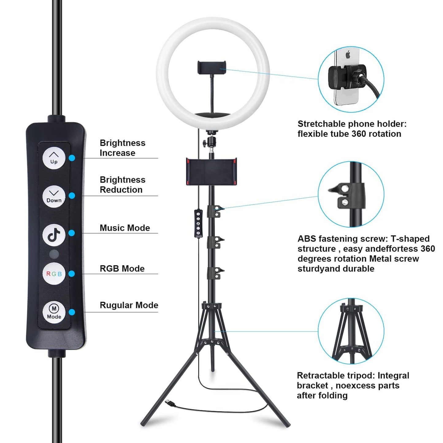 Herrfilk 13" Ring Light with Tripod Stand & Phone Holder, LED Ring Light for Phone with 3 Light Color Temperatures, 12 Brightnesses, 48 RGB Light Modes, Ringlight for Selfie, YouTube, Tik Tok