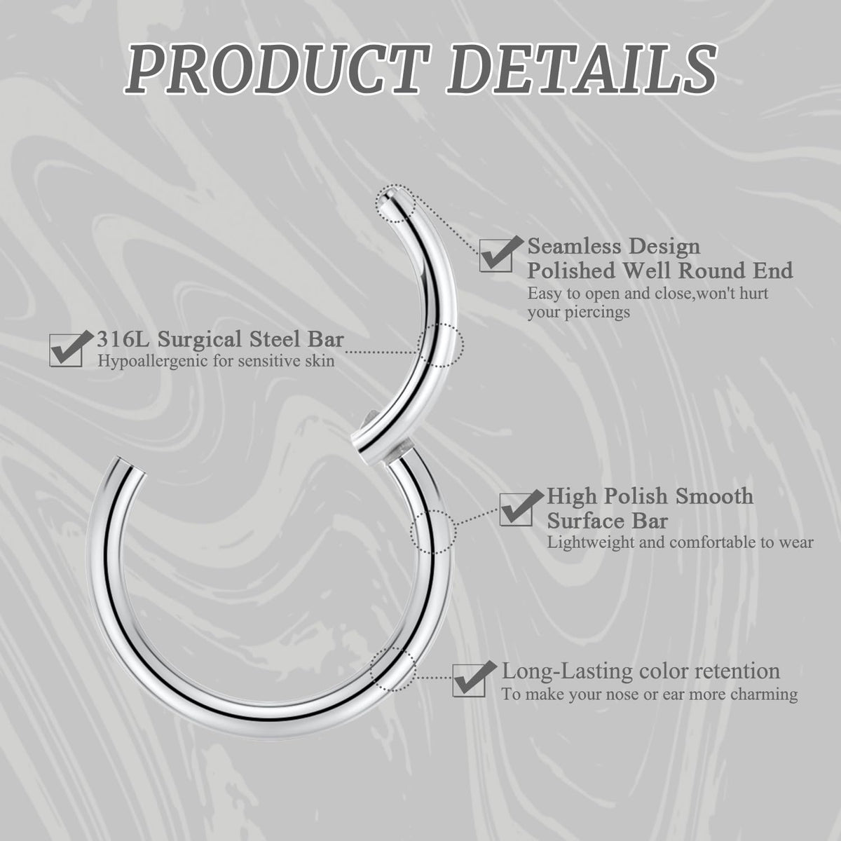 Septum Ring Septum Jewelry Seamless Septum Clicker Nose Rings 18 Gauge Nose Ring Hoop 18g Cartilage Earring Lip Rings 8mm Nose Hoop Surgical Steel Helix Earrings Silver Nose Piercing Jewelry
