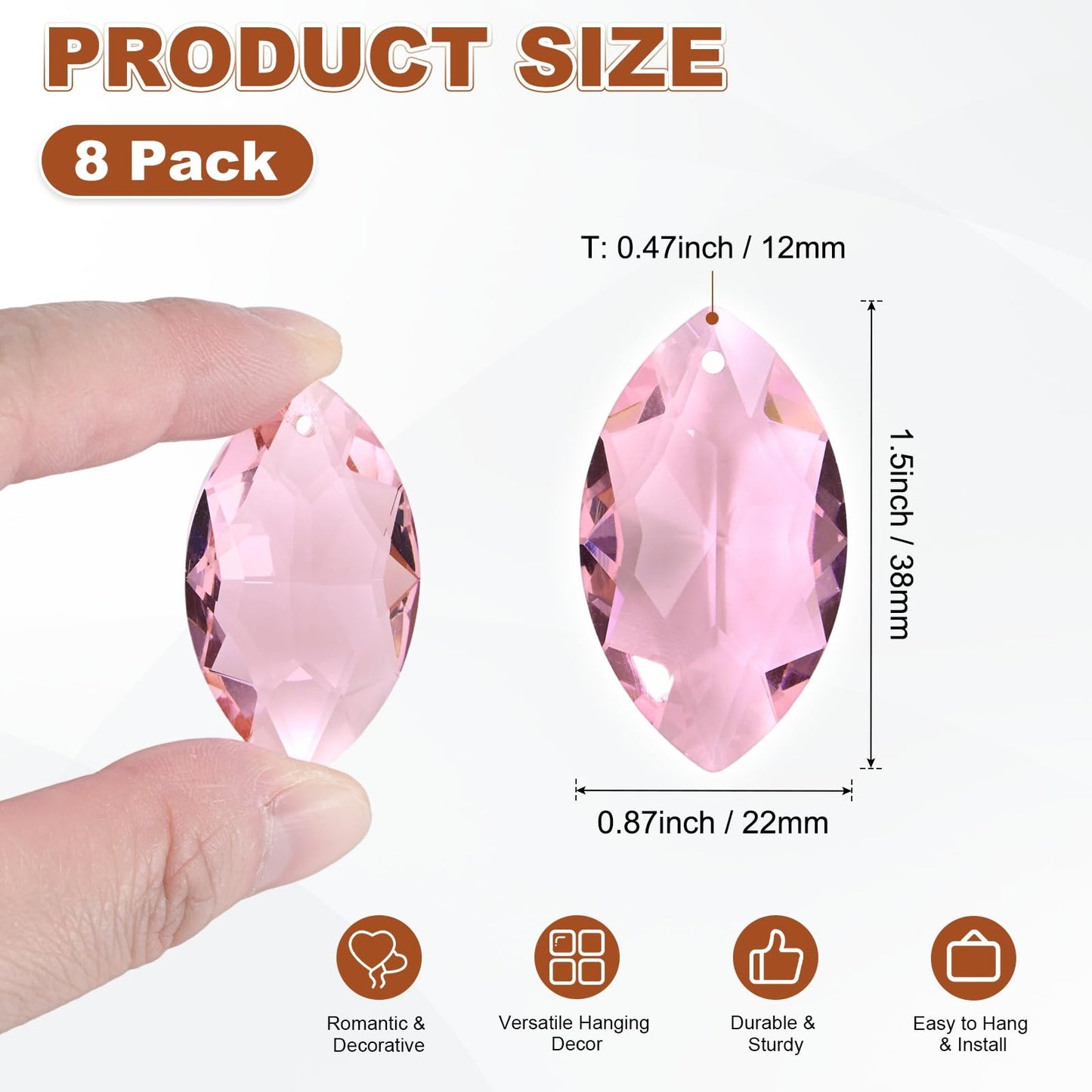 M METERXITY 8-Pack Crystal Horse Eye Prisms, 38mm/1.5 Inch Chandelier Pendant Maker Hanging Crystals Chandelier Prisms for Home/Windows/Garden/DIY Decoration[Pink]