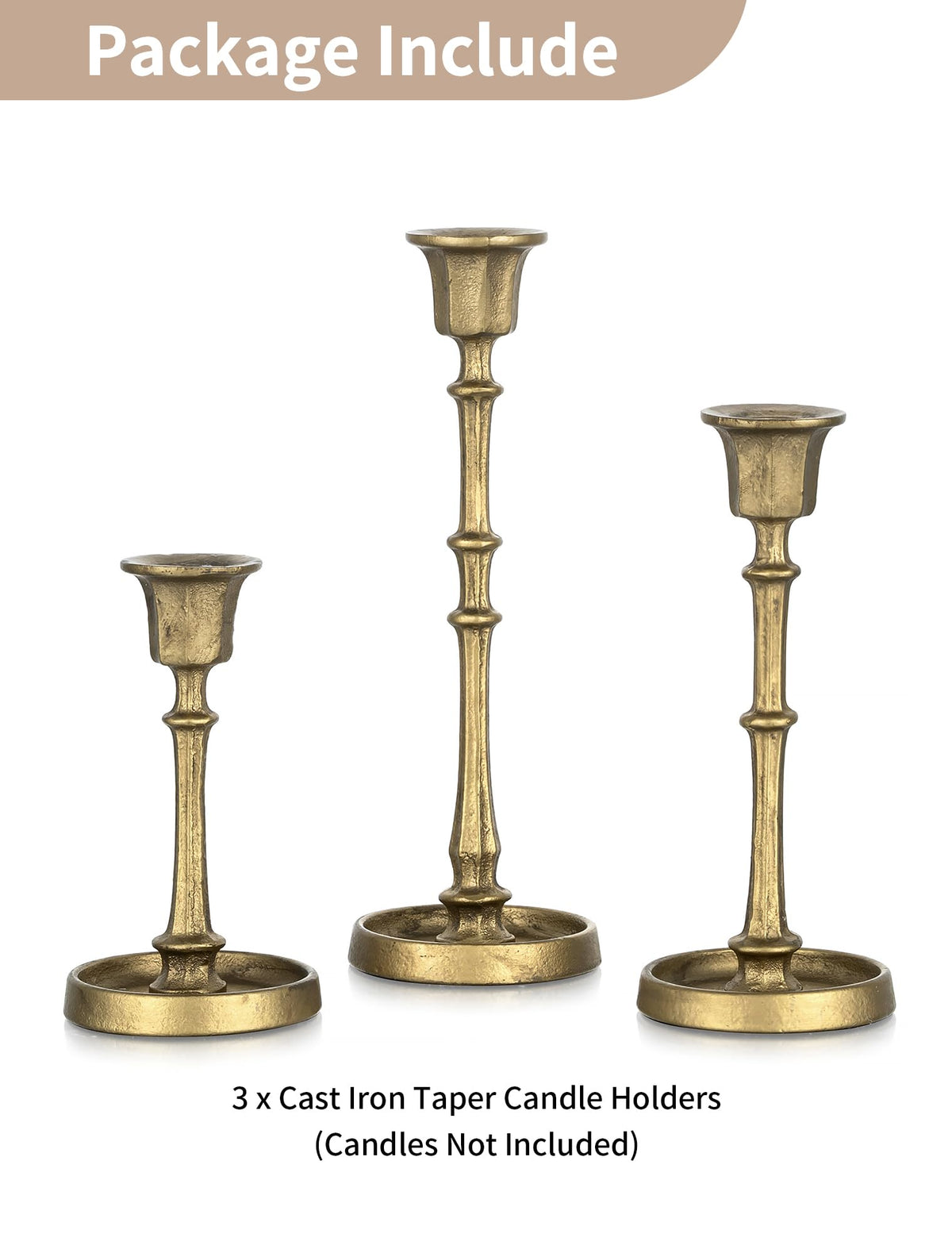 NUPTIO Cast Iron Candlestick Holders: Antique Brass Taper Candle Holders with Unique Drip Wax Aesthetics - Set of 3 Gold Candle Sticks Holder Fireplace Mantel Decor