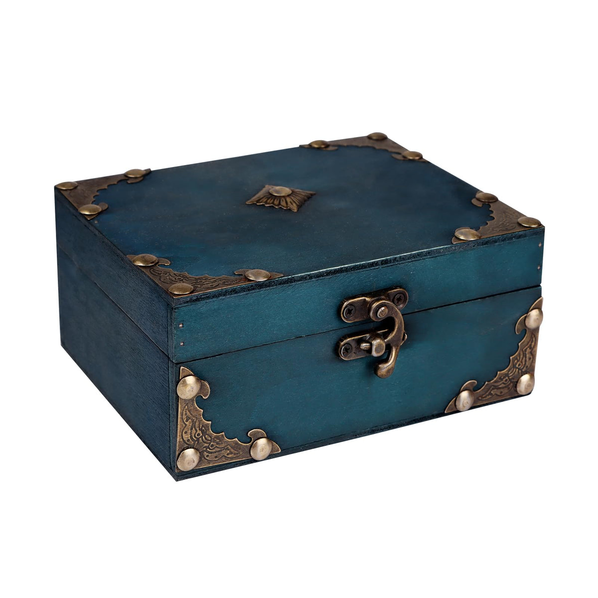 WaaHome Wood Treasure Box 5.5'' Small Decorative Teal Pirate Treasure Chest Jewelry Keepsakes Box for Kids Girls Boys Women Gifts Home Decor