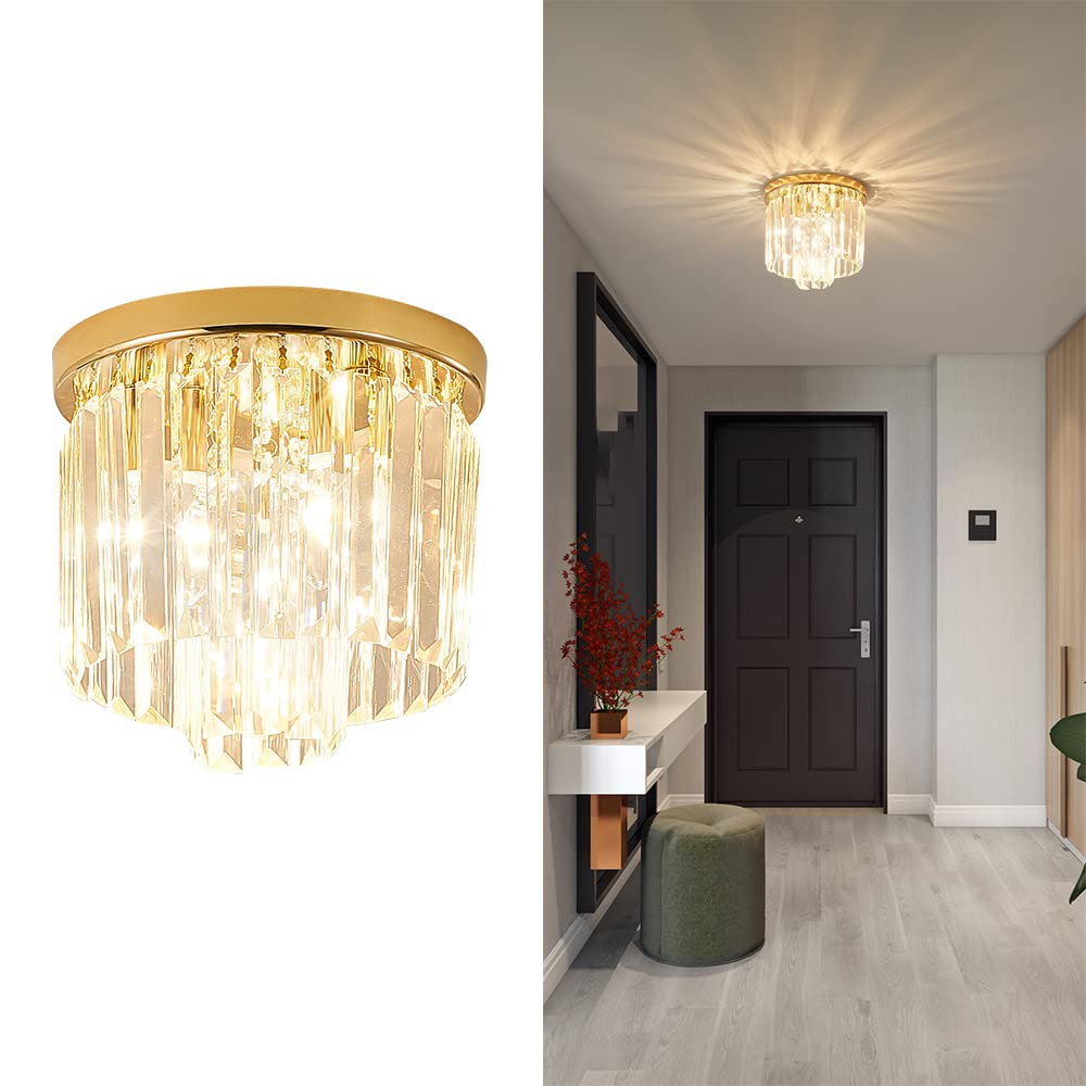 Gopmmy Modern Ceiling Light Crystal Chandelie,2-Tier French Gold Flush Mount Pendant Lighting Fixture for Kitchen Island Light Living Room Bedroom (3-Lights)