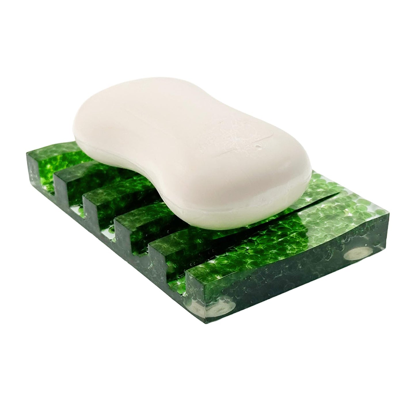 Vinsiora Soap Dish Rectangular Self Draining Holder with Natural Green Bead Inclusions Handcrafted Bathroom Tray Modern Decor Accessory 4.33 x 2.99 x 0.59 Inches (Green Crystal Single-Drain Soap Rack)