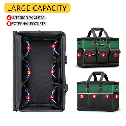 WINHUNT Tool Bag, 19-inch Wide Mouth Tool Organisers, 600 Denier with 6 Interior 8 Exterior Pockets Large Tool Bag for Home DIY & Equipment Storage, Green and Black (19 inch)