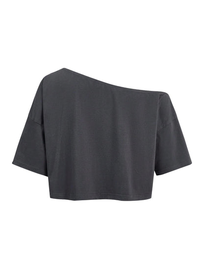 Remidoo Women's Off Shoulder Sun and Moon Graphic Crop Top Short Sleeve Loose Fit T Shirt Gray Gray Small